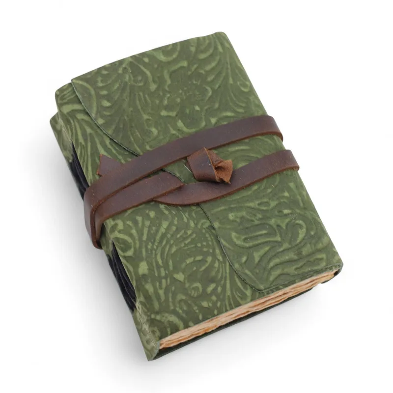 Fat Deckled Leather Notebook – Verde Maze Pattern – 12.7×8.9 cm — foto 4