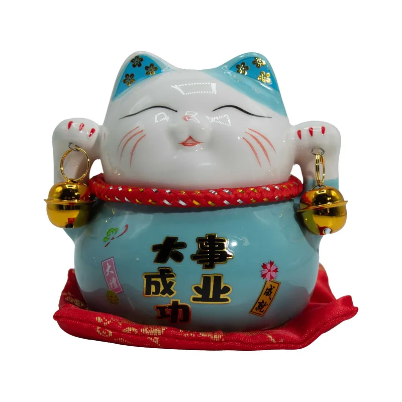 Ceramic Money Cat Bank Blu on Cushion
