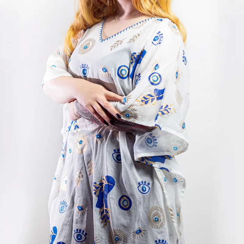 Nomad Sari On the Med Collection Kaftan Bianco , Blu & Oro Evil Eye Design — foto 3