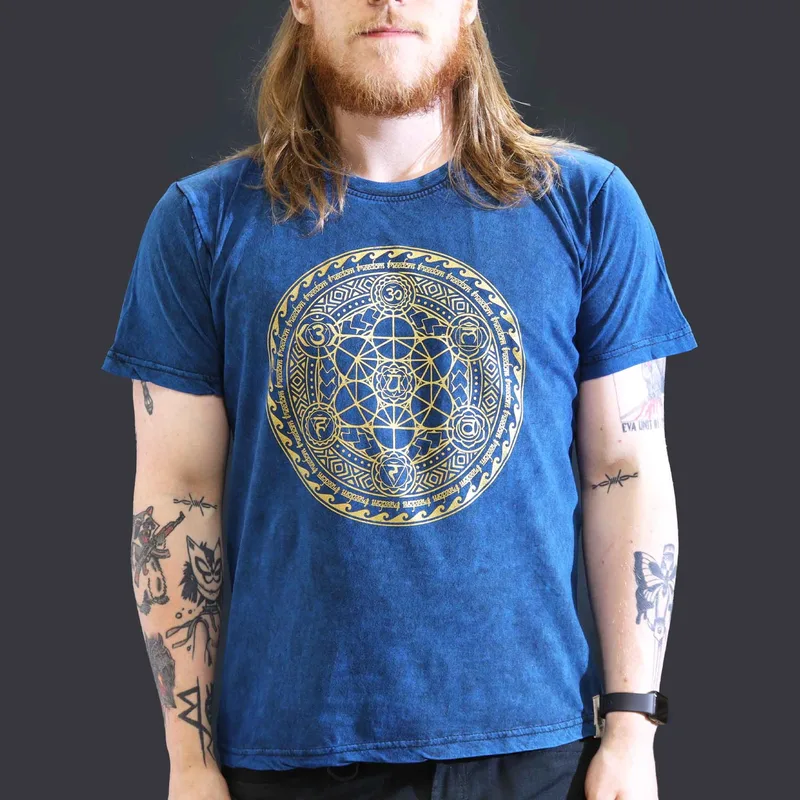 Nomad Sari Stonewashed Cotton T-Shirt – Chakra – Blu – Large