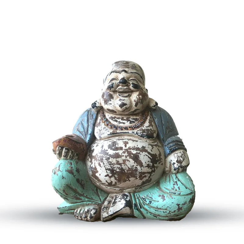 Vintage Blu Mint Hand Carved Buddha Statue 30cm Happy Buddha