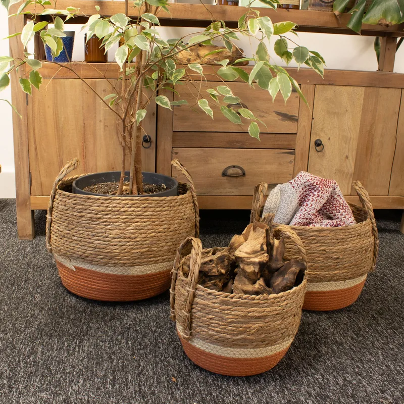 Straw & Seagrass Large Baskets Naturale & Orange Set of 3 — foto 6