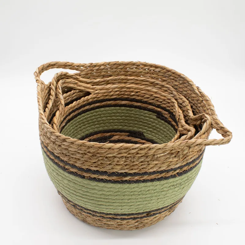 Cotton & Seagrass Large Baskets Naturale Nero & Green Set of 3