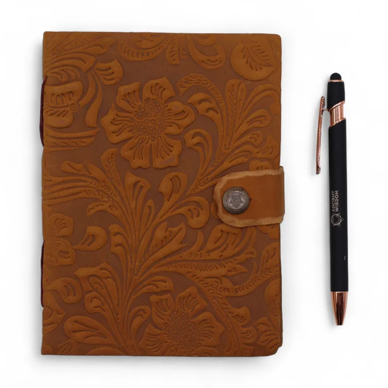 Leather Embossed Notebook – Tan Floral Pattern – 17.8×12.7 cm — foto 4