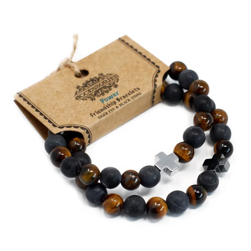 Set di 2 Braccialetti Amicizia con Pietre Preziosa – Power – Occhio di Tigre e Pietra Nera