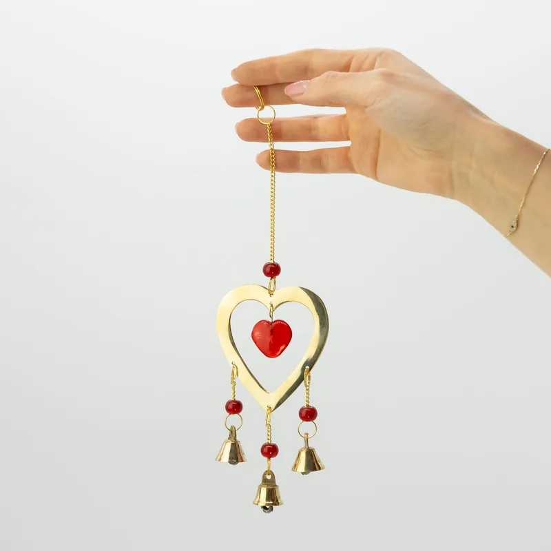 Indian Chimes - Brass With Ruby Glass Heart Beads - 3 Bells - 6.5x24cm