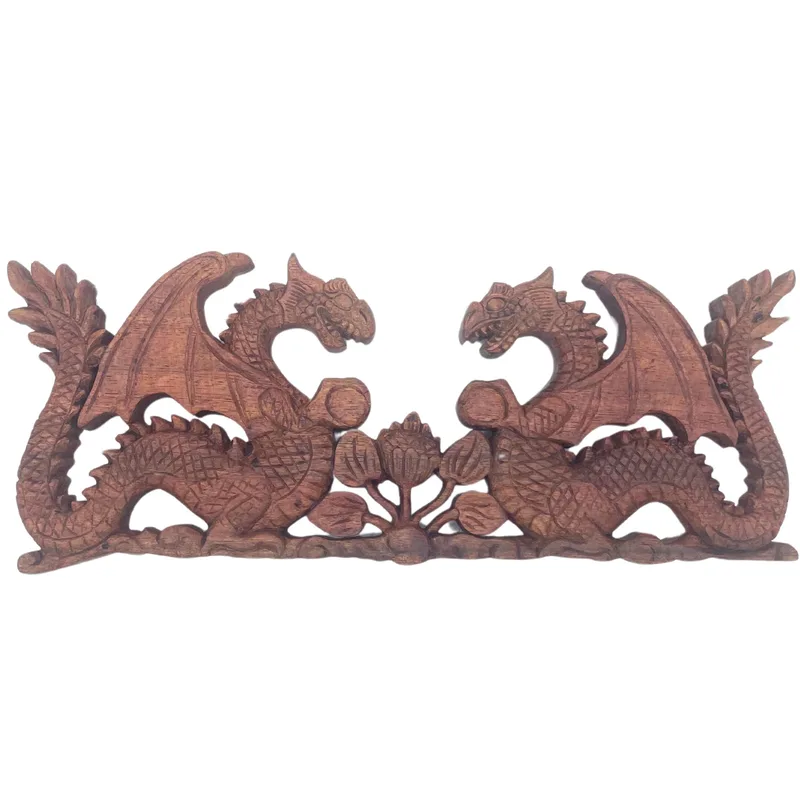 Two Facing Dragon Plaque Carving 40x15cm