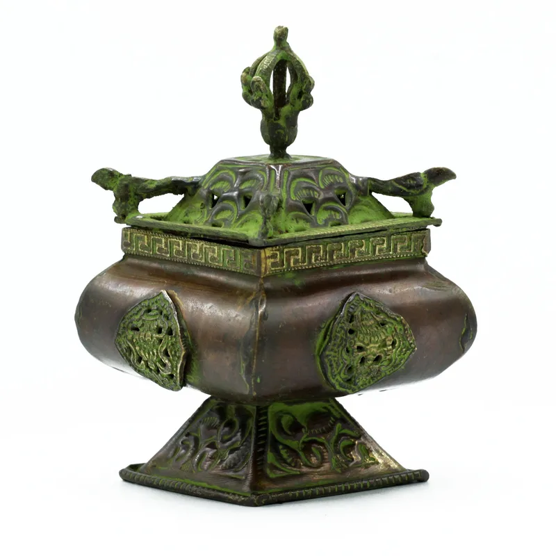 Brass Verdigris Tibetan Bruciatore - Four Symbols Square Standing Pot