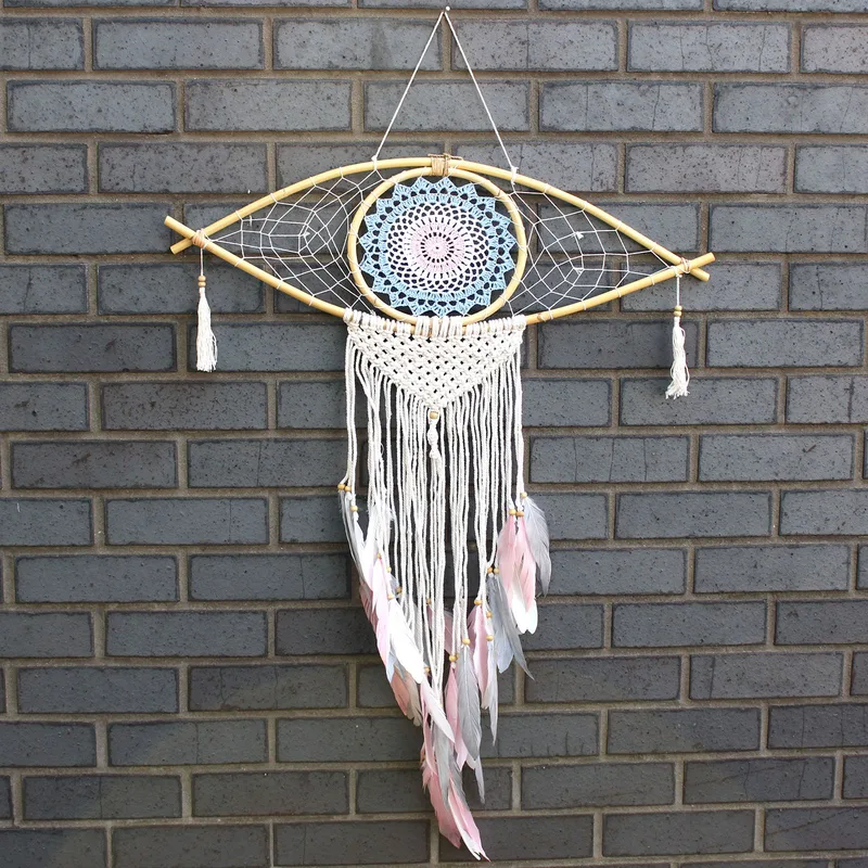 Protection Dream Cather Lrg Macrame Eye Blue/ Whie/Pink