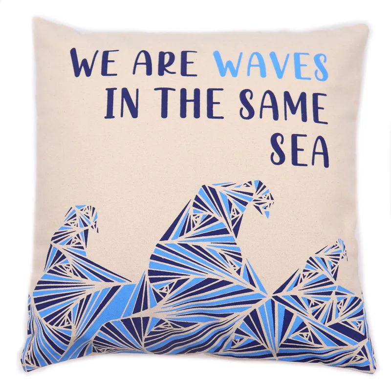 Printed Cotton Cushion Cover - We are Waves - Naturale — foto 6
