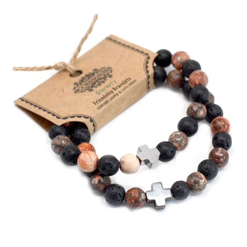Set di 2 Braccialetti Amicizia con Pietre Preziosa – Eternità – Panna, Pelle e Pietra di Lava. — foto 2