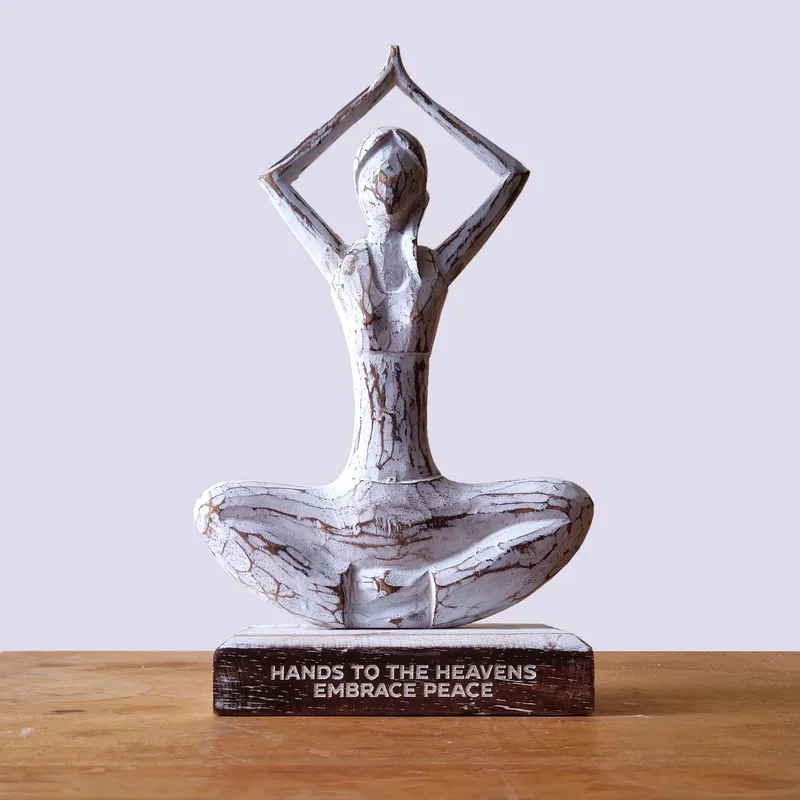 Wooden Yoga Lady Whitewash Hands Up Pose "Hands to the Heavens Embrace Peace" — foto 2