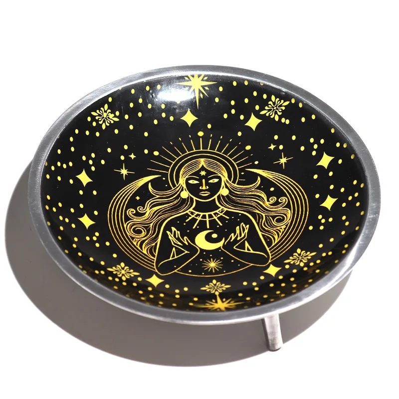 Triple Leg Enamelled Offering Plate Oro Goddess on Nero — foto 1