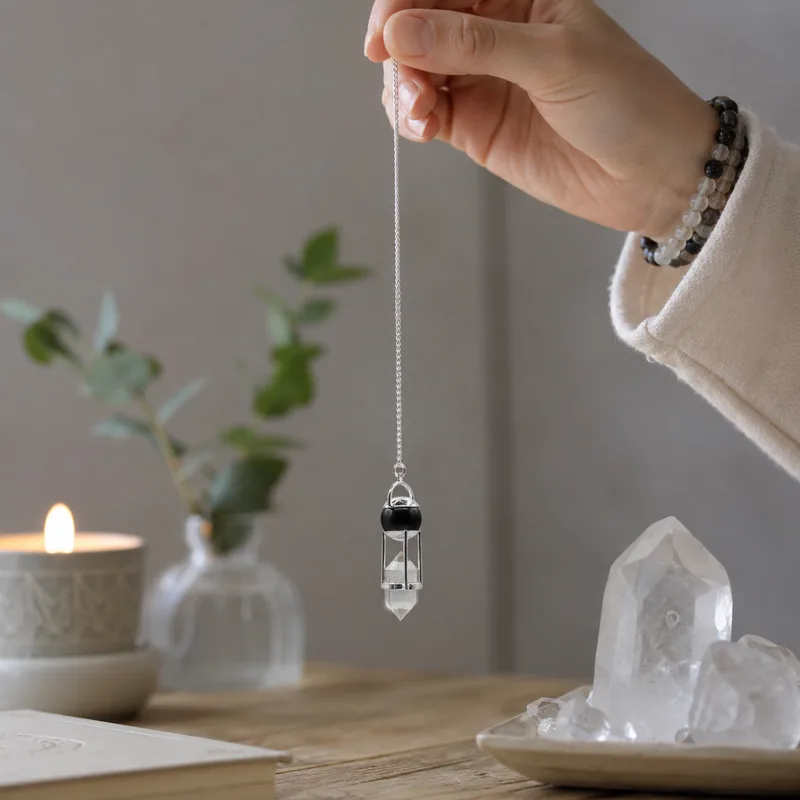 Shadow Seer Double Power Pendulum Obsidian Globe Clear Quartz Double Terminated — foto 2