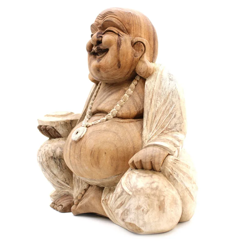 Hand Carved Buddha Statue 40cm Happy Whitewash — foto 2