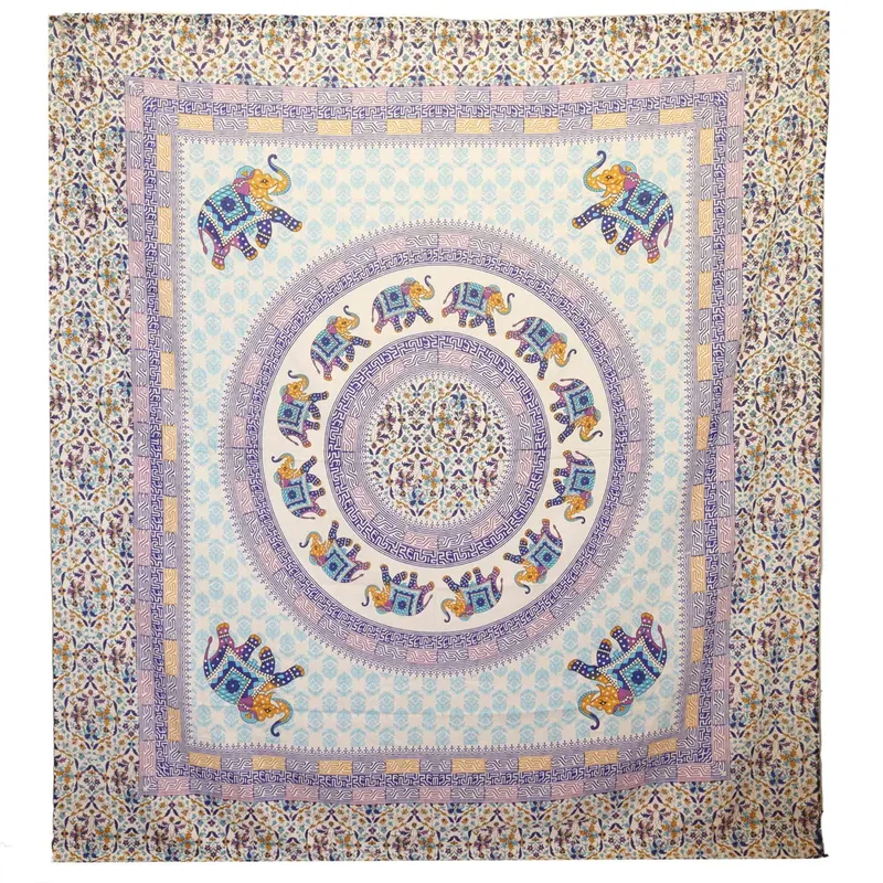 Wall Hanging / Spread Elephant Mandala Turquoise/Blue on Crema