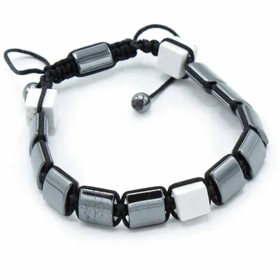 Bracciale Shamballa in Magnetite e Hematite - Cubi di Jaspe Bianco