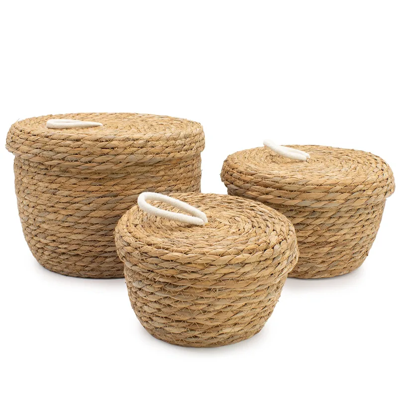 Seagrass & Cotton Round Baskets with Lids Naturale Set of 3