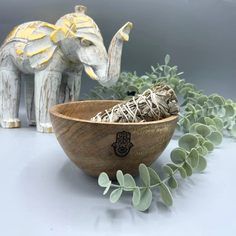 Wooden Smudge and Ritual Offerings Bowl Hamsa 14x7cm