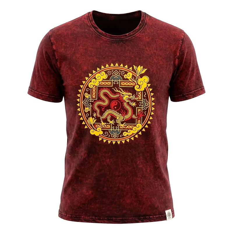 Nomad Sari Stonewashed Cotton T-Shirt Dragon Mandala Maroon Large