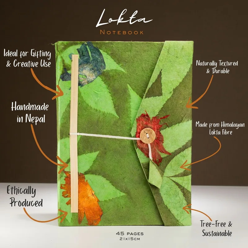 Lokta Bold Floral Notebook – Large – 45 Leaves – Includes Bookmark – Moss Verde — foto 1