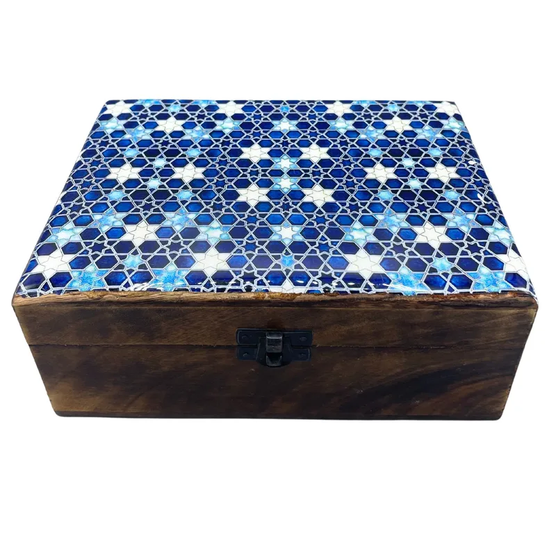 Large Ceramic Glazed Legno Scatola 20x15x7.5cm Blu Stars