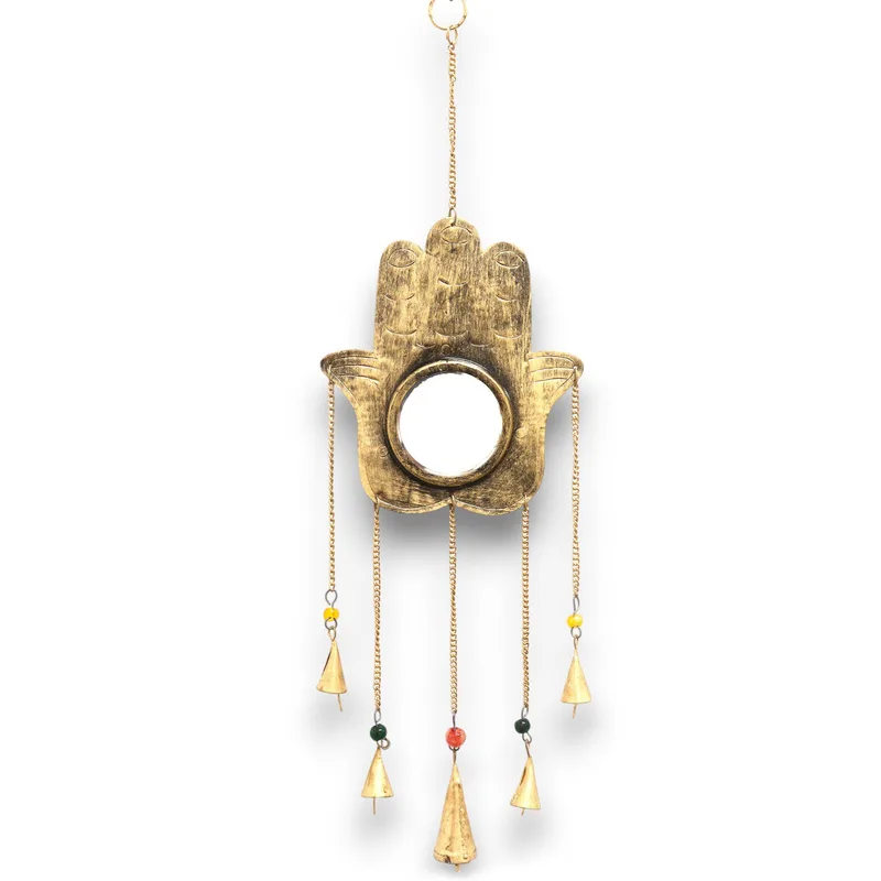 Indian Chimes Hamsa Lrg Mirror 5 Bells 19x65cm