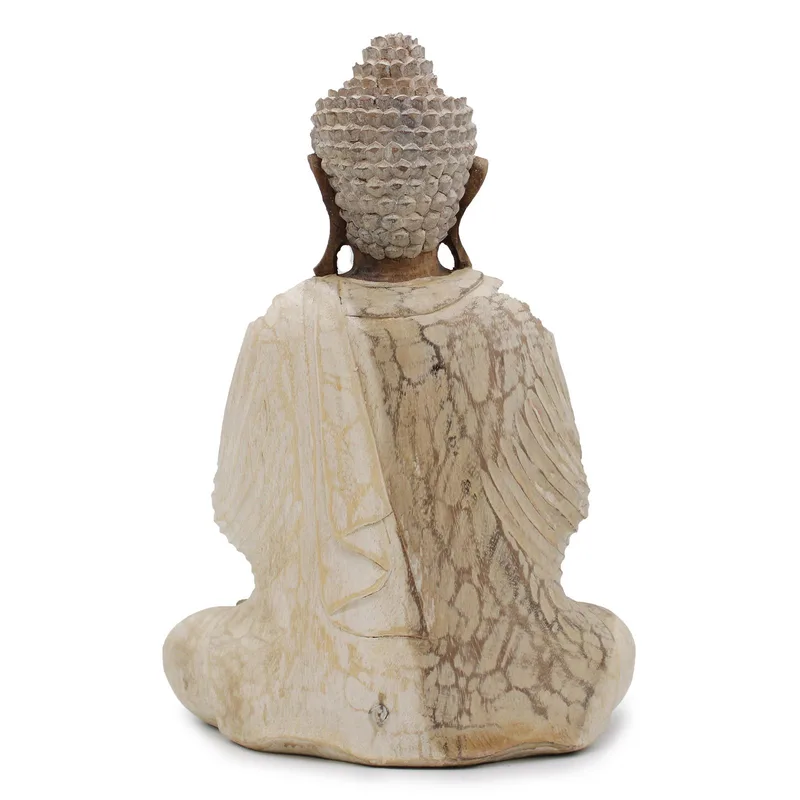 Hand Carved Buddha Statue 40cm Welcome Whitewash