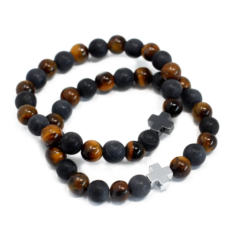 Set di 2 Braccialetti Amicizia con Pietre Preziosa – Power – Occhio di Tigre e Pietra Nera — foto 1