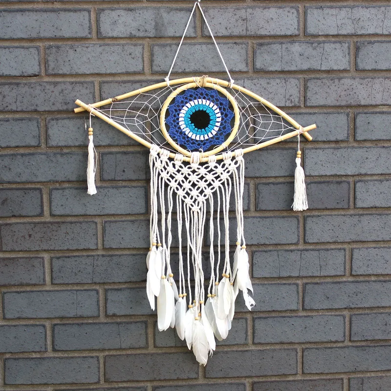Protection Dream Cather Med Macrame Evil Eye Blue/White/Black