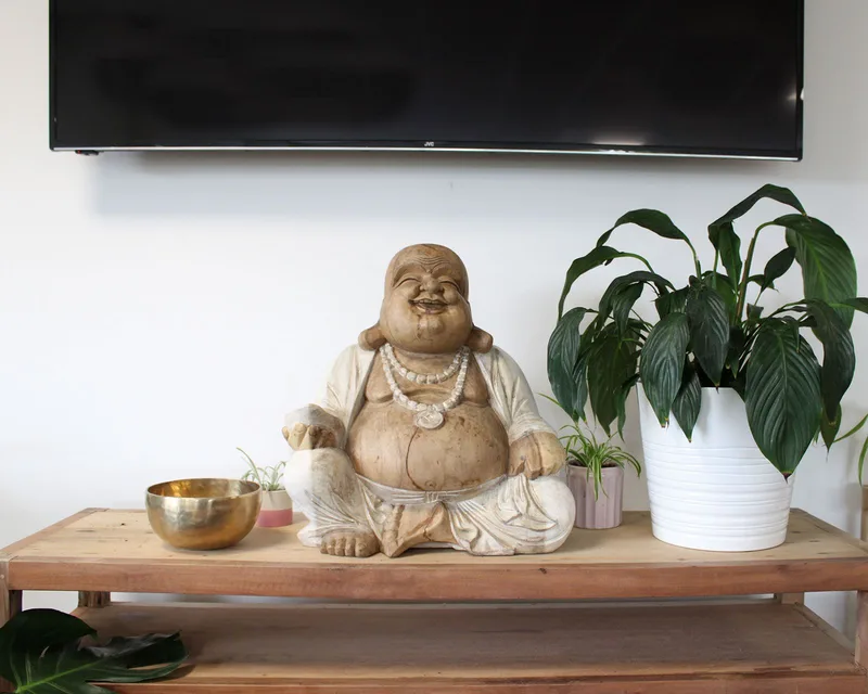 Hand Carved Buddha Statue 50cm Happy Whitewash
