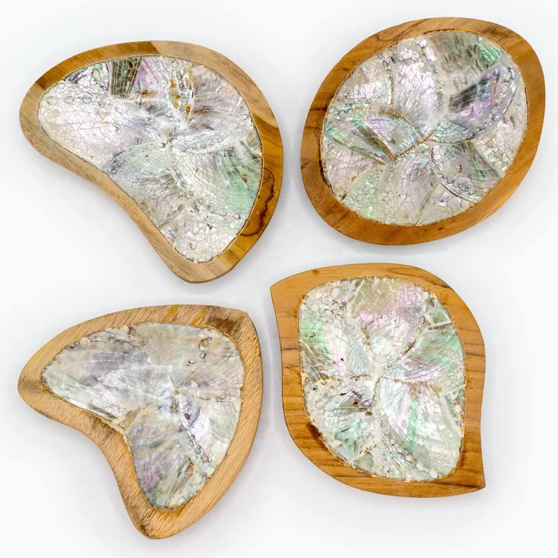 Set of 4 Teak Mini Bowls with Shell Decor — foto 1