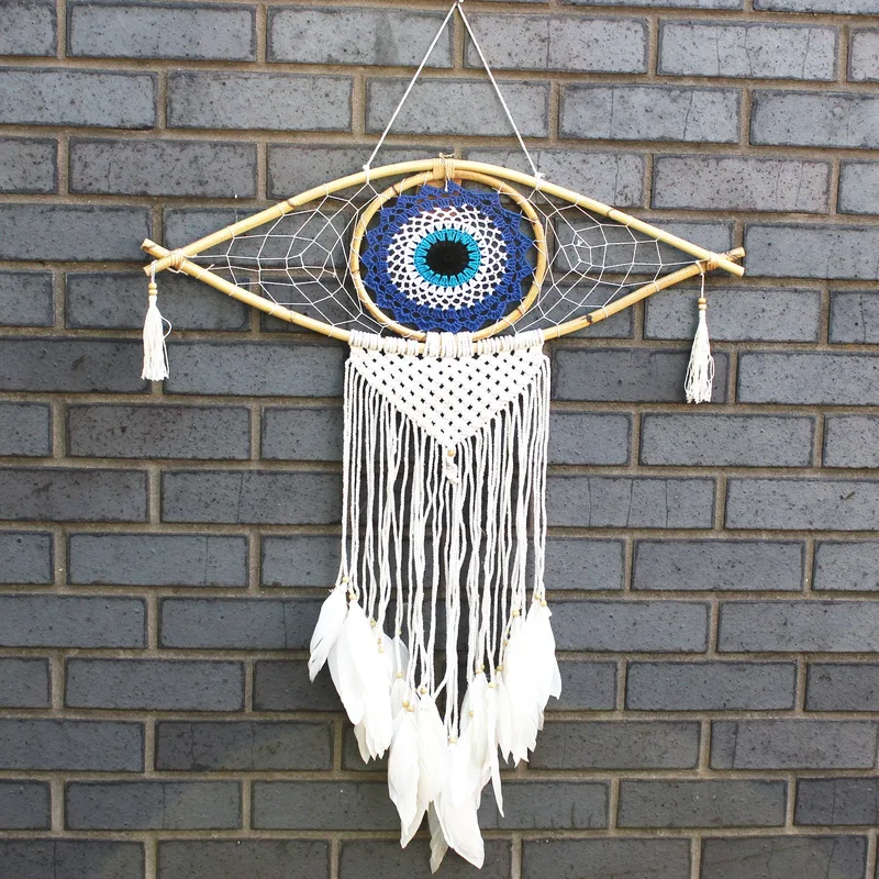 Protection Dream Cather Lrg Macrame Evil Eye Blue/White/Black