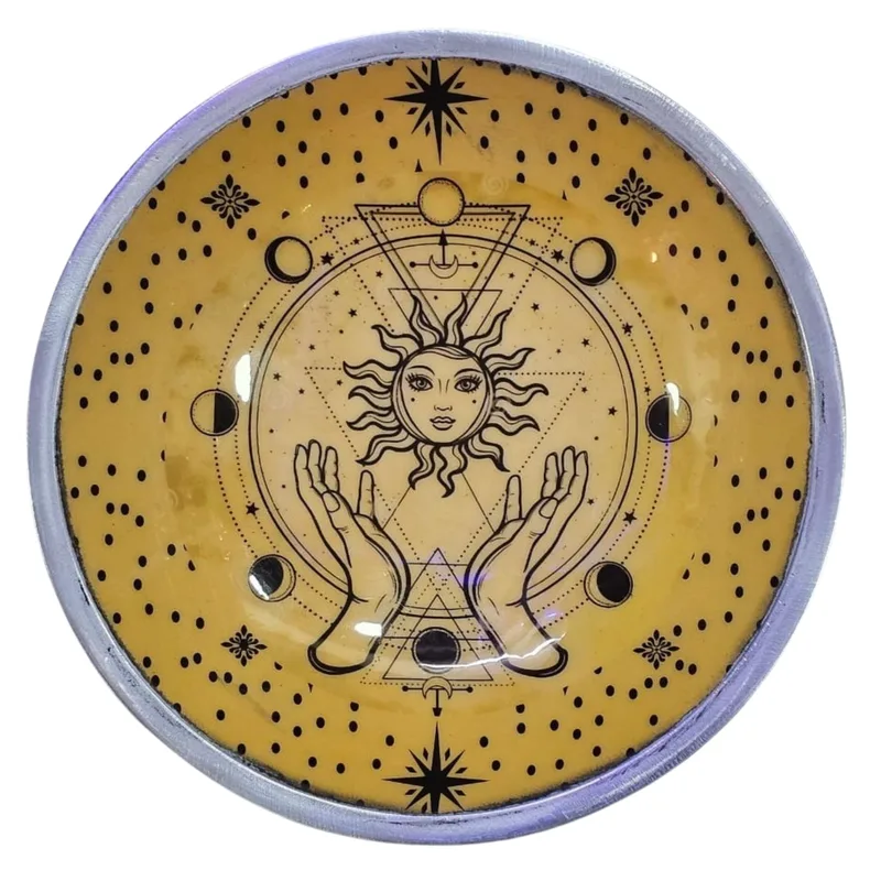 Triple Leg Enamelled Offering Plate Hands & Sun — foto 2
