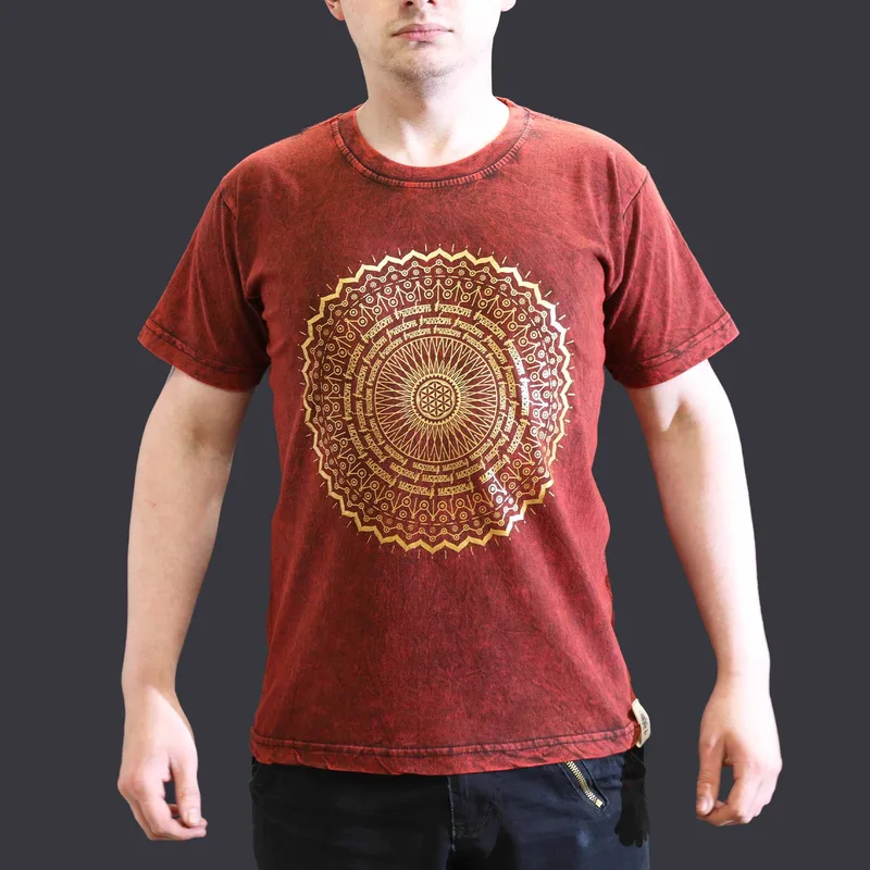 Nomad Sari Stonewashed Cotton T-Shirt – Mandala – Maroon – Small