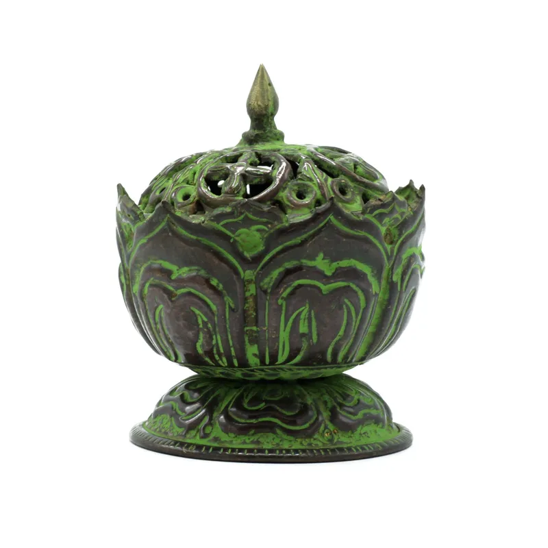 Brass Verdigris Tibetan Incenso Bruciatore Small Lotus