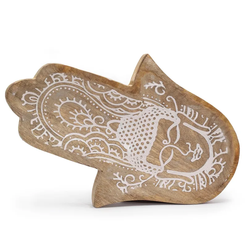 Long Tray 30x20.5x2.5cm Hamsa Shape with Buddha Whitewash
