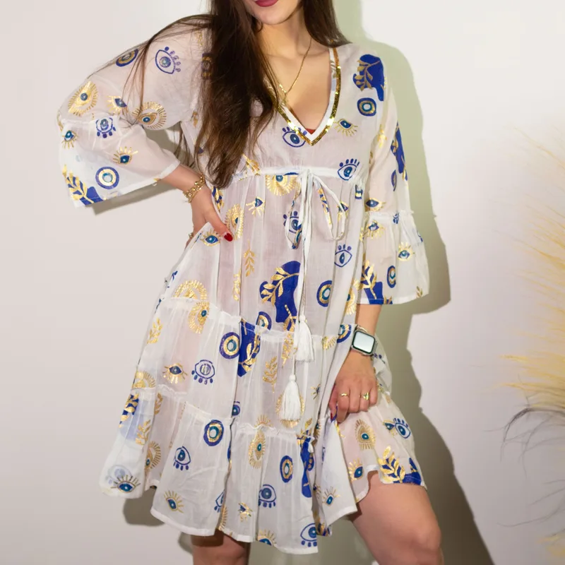 Nomad Sari Evil Eye Dress – Bianco Blu & Oro – Size M/L — foto 1