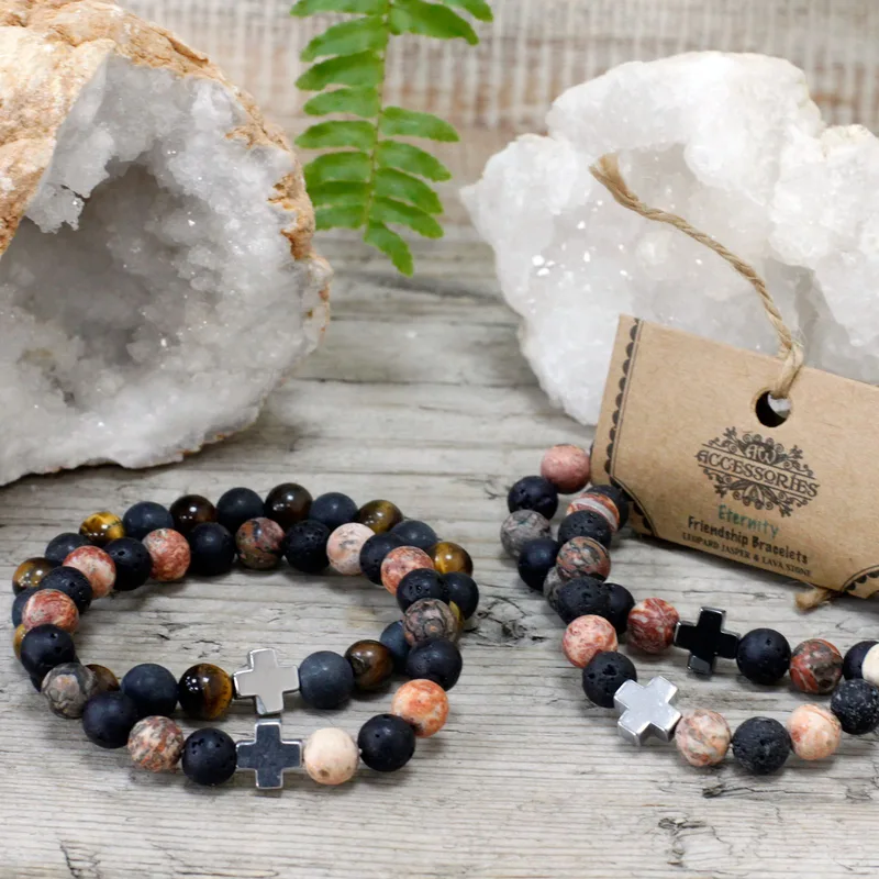 Set di 2 Braccialetti Amicizia con Pietre Preziosa – Eternità – Panna, Pelle e Pietra di Lava.