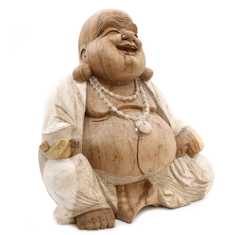 Hand Carved Buddha Statue 50cm Happy Whitewash — foto 2