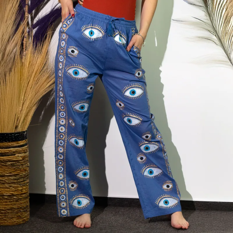 Nomad Sari On the Med Collection Lounge Pants Rich Blu & Oro Hand Painted Evil Eye Design — foto 5