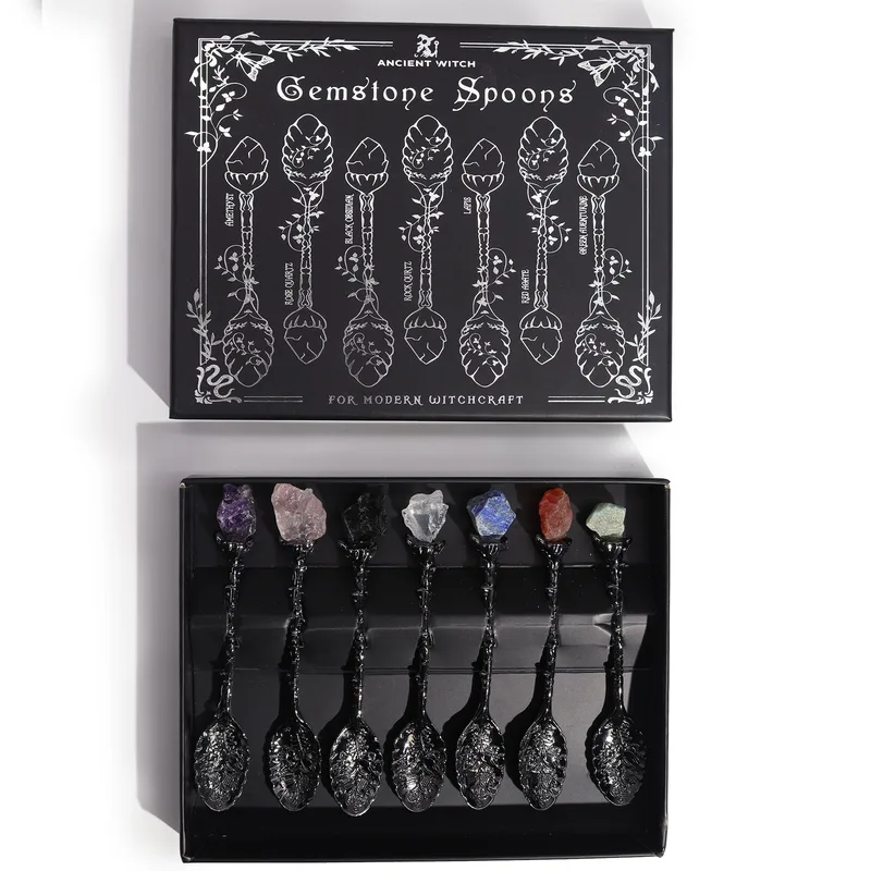 Set of 7 Dark Argento Gemstone Crystal Witch Spoons