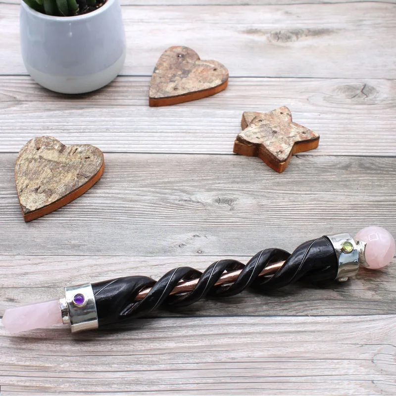 Spiral Carving Healing Wand Copper Pipe Rosa Quartz — foto 1