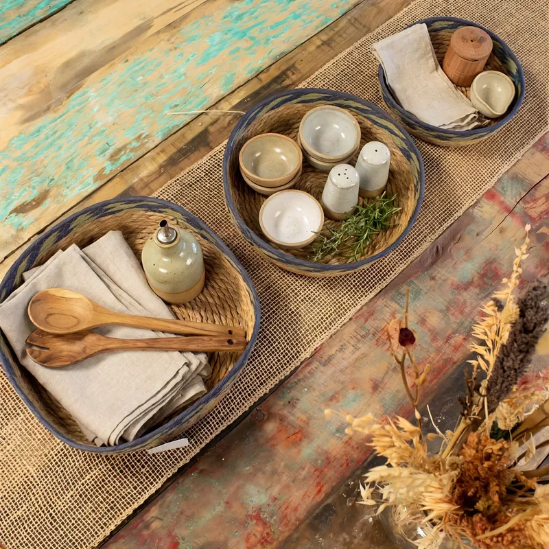 Straw & Seagrass Tray Baskets Naturale Verde & Blue Set of 3 — foto 6