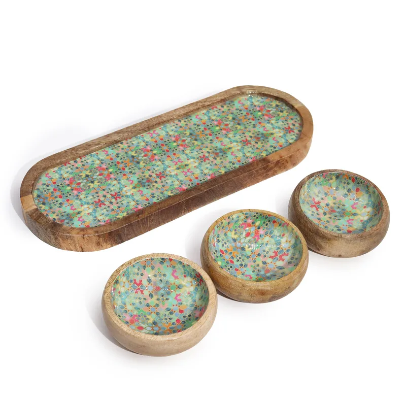 Mango Legno Tray with 3 Bowls Mediterraian Tile pattern — foto 6