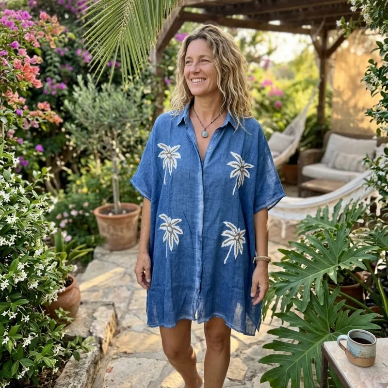 Nomad Sari On the Med Collection - Kaftan - Blu with Oro & Bianco Palm Albero Decor