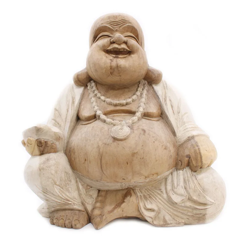 Hand Carved Buddha Statue 50cm Happy Whitewash — foto 5