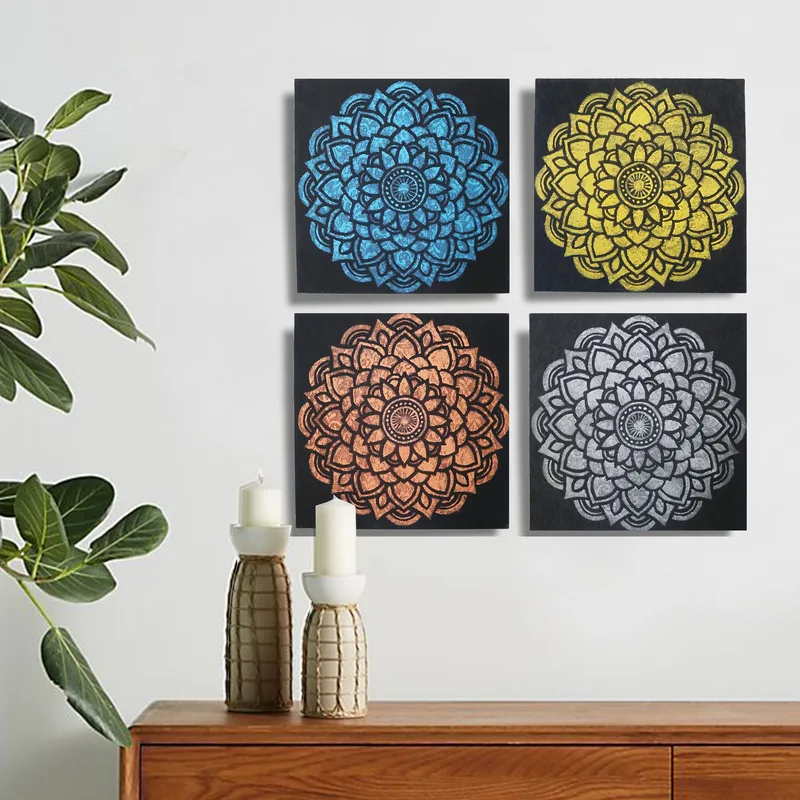 Set di 4 Mandala con Dettaglio Broccato 30x30 cm