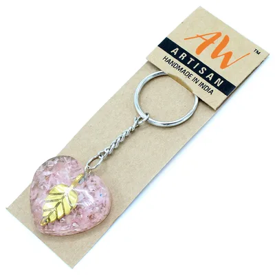 Orgonite Power Keyring Rosa Quartz Heearts Golden Leaf