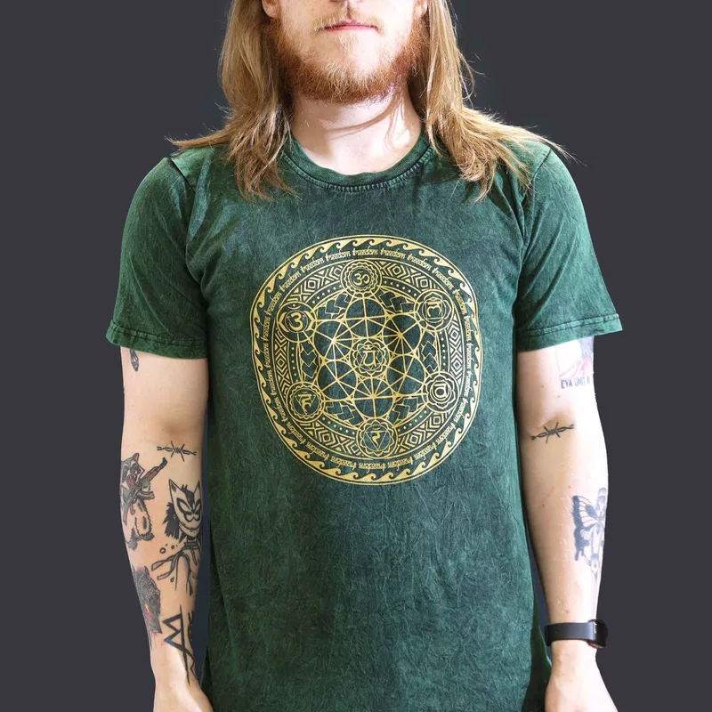 Nomad Sari Stonewashed Cotton T-Shirt – Chakra – Verde – Large